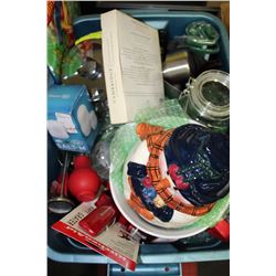 TUB OF KITCHENWARE: PLATTERS, COOKIE JAR,