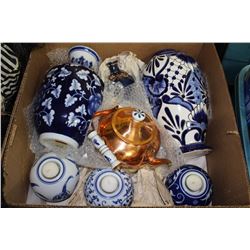 LARGE BOX W/ DECORATIVE BLUE CERAMIC VASES,