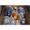 Image 1 : LARGE BOX W/ DECORATIVE BLUE CERAMIC VASES,