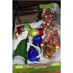 BOX OF GLASSES, FRAMES, & CHRISTMAS ORNAMENTS
