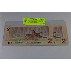GEM UNC 1986 "ROBIN" 2 DOLLAR NOTES CONSEC S/N X2