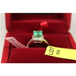 14 KT WHITE GOLD LADIES EMERALD AND DIAMOND RING