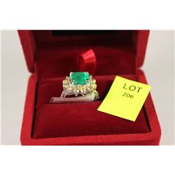 14 KT WHITE GOLD EMERALD AND DIAMOND RING