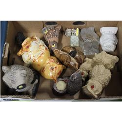 FLAT OF VARIOUS OWL DECORATIONS INCLUDING SENSOR