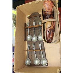 BASKET OF 2 MASKS & PEWTER SPOONS