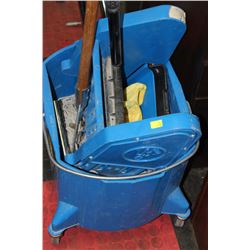 BLUE COMMERCIAL MOP BUCKET WITH MOP AND WRINGER