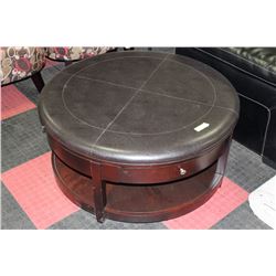BROWN LEATHERETTE ROUND OTTOMAN W DRAWERS