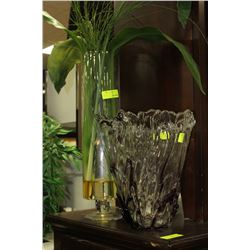 2 SHOWHOME GLASS VASES - ONE WITH ARTIFICIAL