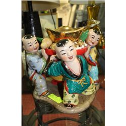 LARGE CERAMIC HAND PAINTED ASIAN "3 BOYS HOLDING