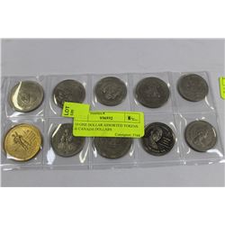 10 ONE DOLLAR ASSORTED TOKENS & CANADA DOLLARS