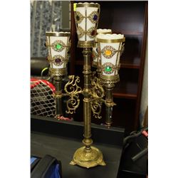 EARLY ORNATE BRASS WITH MILK GLASS SHADES