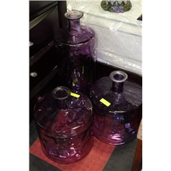 SHOWHOME SET OF 3 LARGE PURPLE GLASS VASES