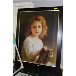 LARGE WOOD FRAMED CHILD HOLDING BOOK