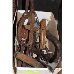 VINTAGE FARM ITEMS INCLUDING TRAPS, PULLEYS & MORE