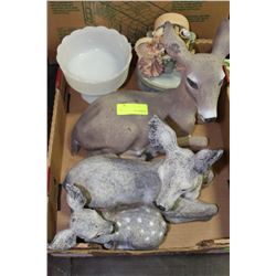 BOX OF LAWN ORNAMENTS WITH MILK GLASS DISH