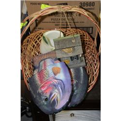 BASKET WITH A PAIR OF FISH SLIPPERS, FISH BEER CAN