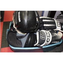 BOX OF HOCKEY EQUIPMENT