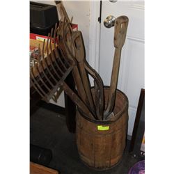 ANTIQUE BARREL WITH ANTIQUE TOOLS