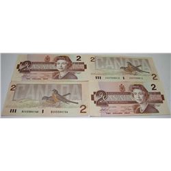 1986 CANADA 2 DOLLAR BILL X4