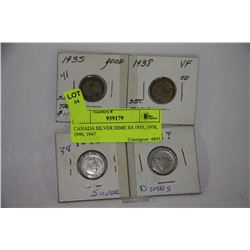 CANADA 1935, 1938, 1946, 1947 SILVER DIMES X4