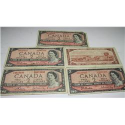 LOT OF 5 CANADA 1954 2 DOLLAR BILLS
