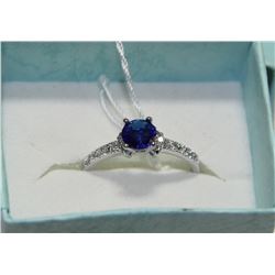 .925 SILVER SAPPHIRE & CZ RING - SIZE 8.5
