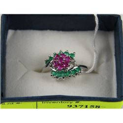 .925 SILVER RUBY & EMERALD RING - SIZE 9.5