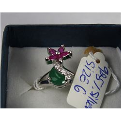 .925 SILVER RUBY, EMERALD & CZ RING - SIZE 6