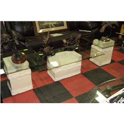 3 PIECE STONE AND GLASS COFFEE TABLE SET