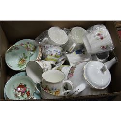 BOX OF ENGLISH CUPS/SAUCERS/TEA POT/CREAM&SUGAR