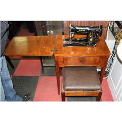 SEWING MACHINE IN CABINET WITH STOOL