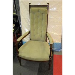 VINTAGE ESTATE GREEN FABRIC AND WOOD ARMCHAIR