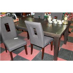 NEW WOOD TABLE W 4 GREY FABRIC SIDECHAIRS