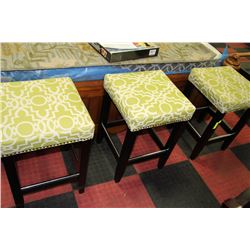 SET OF 3 WOOD LIME GREEN FABRIC STOOLS