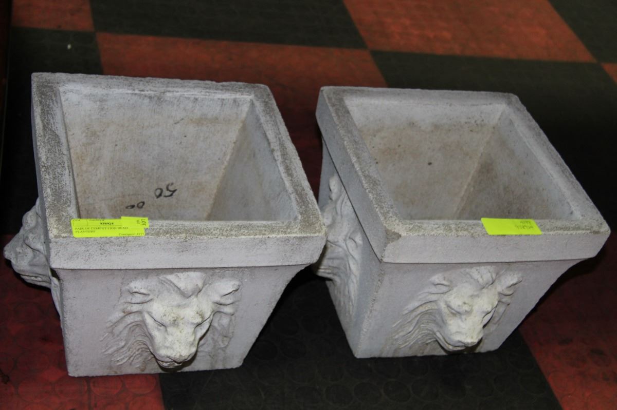 PAIR OF CEMENT LION HEAD PLANTERS
