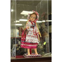 VINTAGE WAX DOLL WITH DISPLAY - HAND SEWN