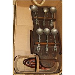 BASKET OF 2 MASKS & PEWTER SPOONS