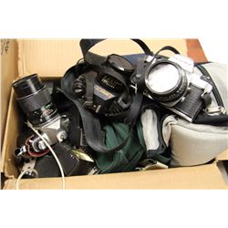 BOX OF FILM CAMERAS AND ACCESSORIES INCLUDING