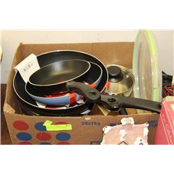 BOX OF NEW POTS AND PANS