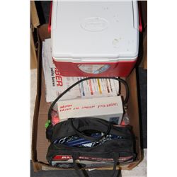 BOX OF MISC INCLUDING TIRE CHAINS, COOLER, & MORE