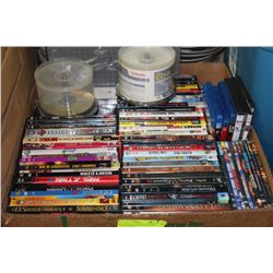 BOX OF DVD'S, CASSETTES, VHS AND CD RECORDABLE