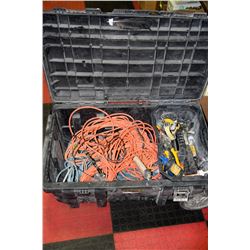 BLACK PLASTIC TOOLBOX WITH DRYWALLER TOOLS
