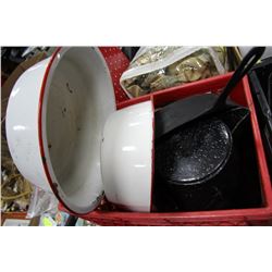 BOX OF OLD ENAMEL COOKWARE