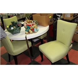 WHITE TABLE WITH 4 LIGHT GREEN FABRIC CHAIRS