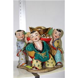 LARGE CERAMIC HAND PAINTED ASIAN "3 BOYS HOLDING
