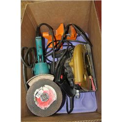 BOX OF TOOLS INCLUDES MAKITA ANGLE GRINDER,