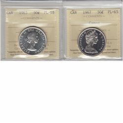 1963 and 1967 Canada 50-cent ICCS Certified both PL-65 graded. 2pcs