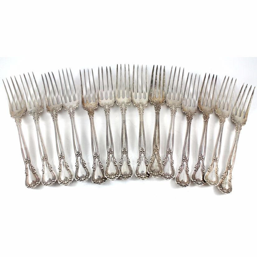 Group Lot 14x Birks Chantilly Design Sterling Silver Dinner Fork Set