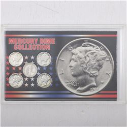 1918-1944 United States Mercury Dime 5-coin mint set in hard plastic holder.