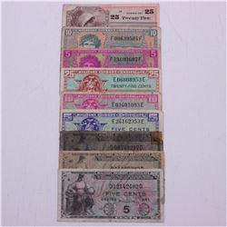 Group lot of 9 different Military Payment Certificates from the United States.